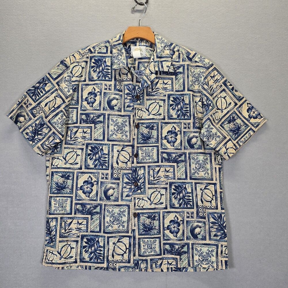 HO ALOHA Hawaiian Shirt Button Up Tribal Made In Hawaii Men's Size Large